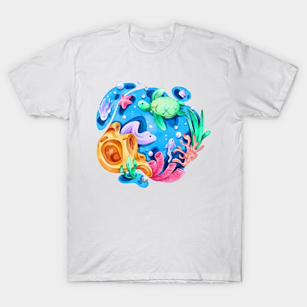 Ocean Watercolor Illustration T-Shirt by Mako Design 